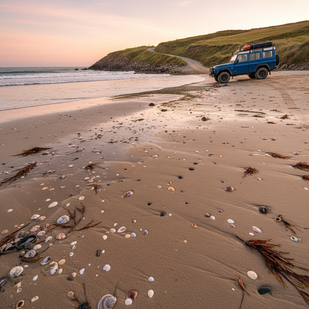 A secluded Irish beach cove at low tide, reached by a narrow coastal road that curves down from the cliffs above. A shiny, deep-blue touring vehicle waits at the top of the sandy track, angled slightly toward the ocean as gentle waves roll in. The foreground features rippled wet sand, scattered seashells, and seaweed, all sparkling in warm evening light. The sky glows pastel pink and soft orange, reflecting on the vehicle’s surface. Shot from a low-angle near the sand with a wide lens, the composition leads from the textured foreground up to the car and out to the calm horizon, capturing a playful, serene, and highly personalized off-the-beaten-path Ireland tour in crisp photographic realism.
