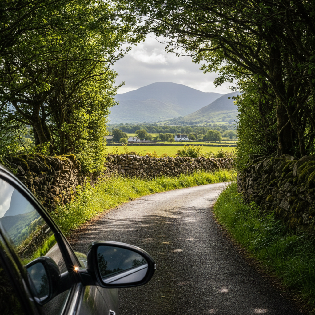 A winding narrow Irish country lane framed by mossy stone walls and overhanging hawthorn trees, leading toward a sunlit valley dotted with tiny white cottages and distant blue mountains. In the foreground, the polished side mirror of a modern touring vehicle catches a playful glint of light, hinting at a private driver-guide just out of frame. Soft, diffused afternoon light breaks through patchy clouds, illuminating wet pavement from a recent shower and enhancing the lush green textures. Shot from a slightly elevated passenger-eye perspective through an open car window, with crisp focus on the lane and gentle bokeh on hedgerows, the mood is intimate, curious, and full of anticipation in vibrant photographic realism.