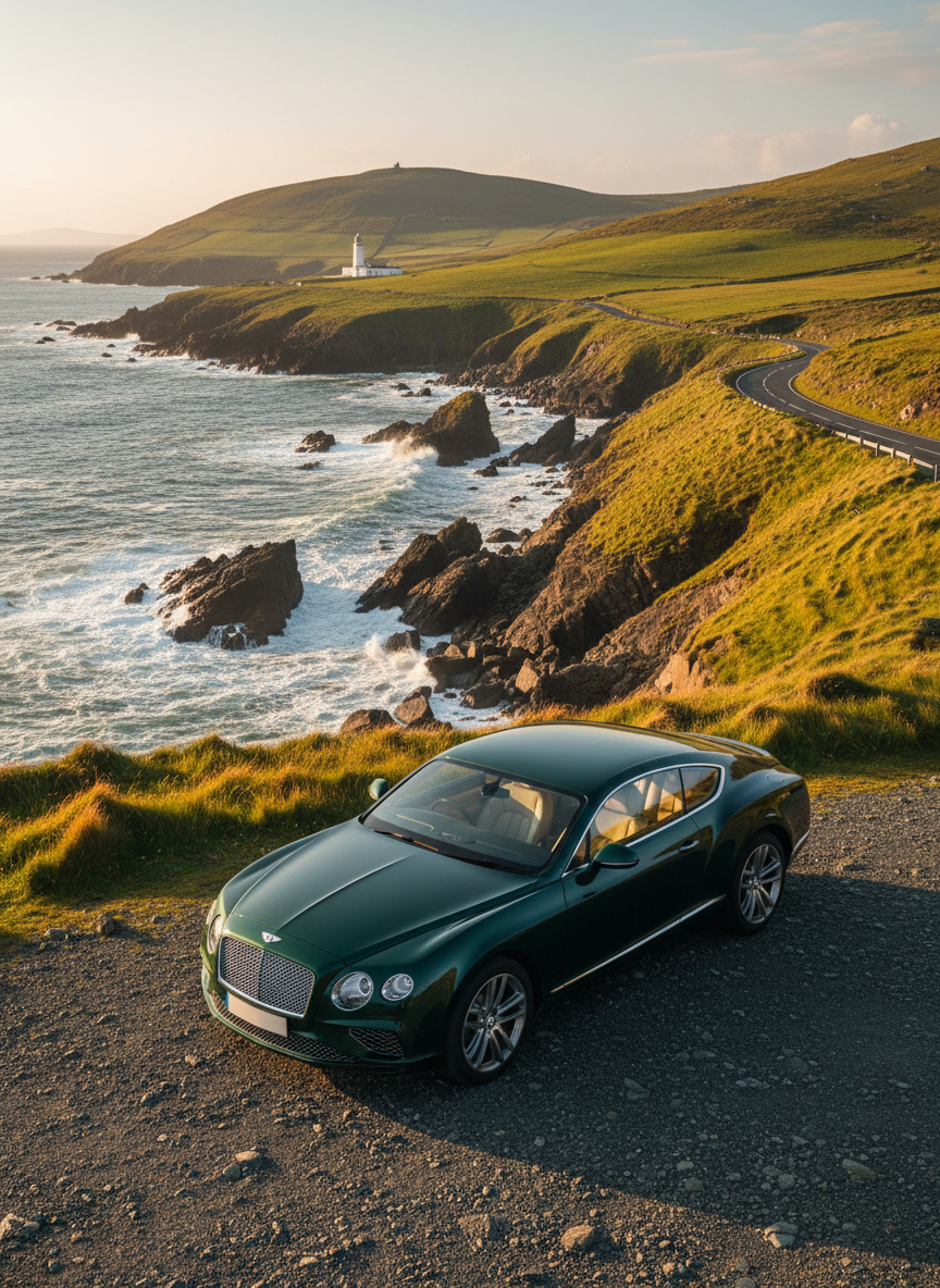 A sleek, dark-green luxury touring vehicle with gleaming chrome details parked on a cliffside lay‑by along Ireland’s Wild Atlantic Way, its windows reflecting rolling emerald hills and a distant lighthouse. The car is angled three‑quarters toward the camera, suggesting a ready private driver‑guide presence without showing any people. Below, the Atlantic crashes against rugged cliffs and scattered rocks. Soft golden hour sunlight washes the landscape, making the grass glow and casting long, playful shadows. Captured at eye level with a wide-angle lens, the composition follows the winding coastal road into the horizon, evoking wanderlust, discovery, and the promise of a personalized Irish adventure in rich photographic realism.