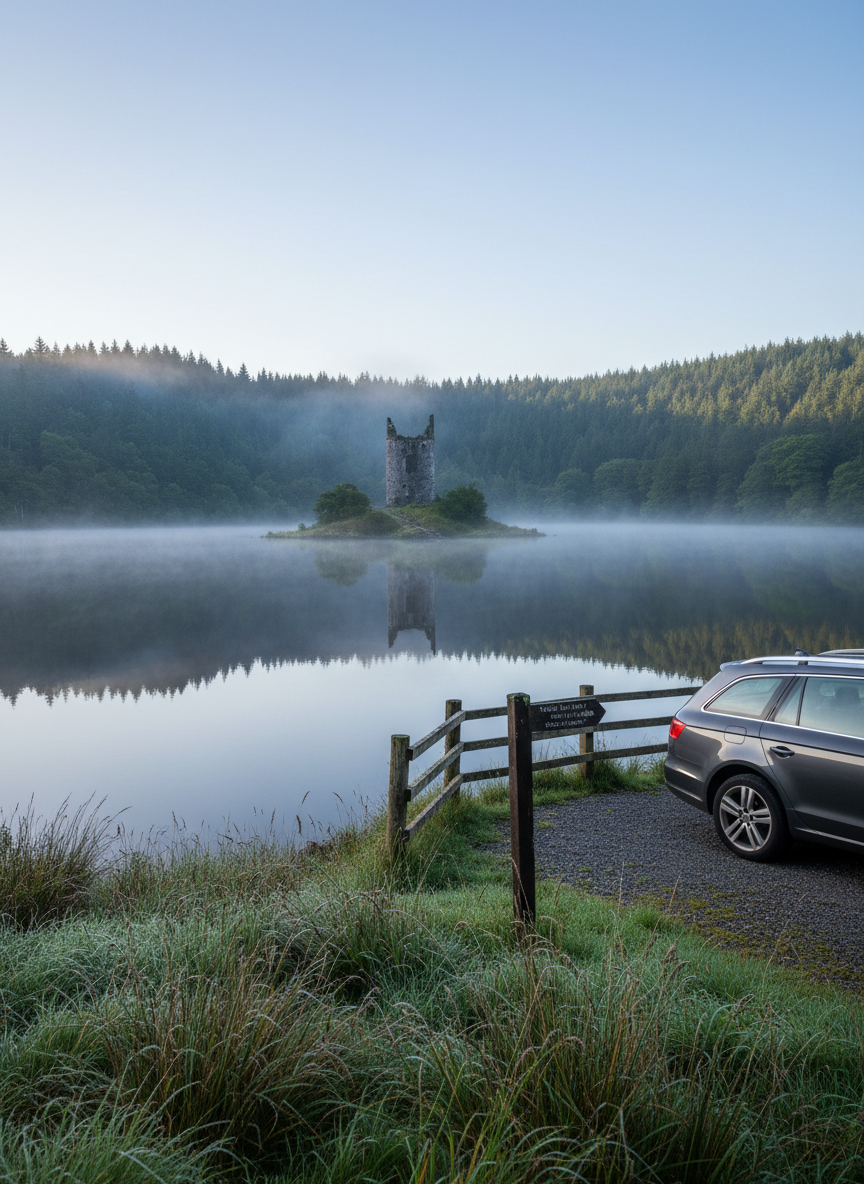 An early-morning scene at a misty Irish lake, with mirror-still water reflecting a ring of forested hills and a solitary ruined tower on a tiny island. In the lower right, a tasteful dark silver touring vehicle is parked on a gravel pull-in beside a wooden fence and a weathered directional post, hinting at a private route. Pale blue dawn light and thin drifting mist create a tranquil, almost magical atmosphere, softening distant details while keeping the car and foreground grasses in sharp focus. Shot at eye level with the rule of thirds placing the horizon high, the photographic composition feels calm, intimate, and quietly adventurous, embodying a bespoke, discovery-filled tour experience.
