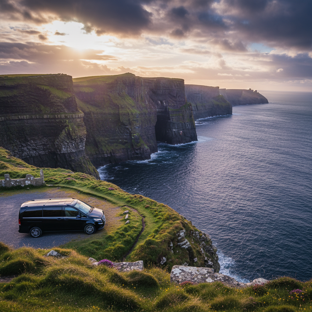 A panoramic view of the Cliffs of Moher captured from a quiet, lesser-known vantage point, where a narrow grassy path curls along the edge, bordered by wildflowers and worn stones. A discreet, polished black touring vehicle is parked safely back from the edge on a small gravel turnout, suggesting a private guide who knows the hidden spots. Late afternoon sunlight breaks through dramatic Atlantic clouds, spotlighting sections of the cliffs and casting deep shadows into the sea below. Shot from a slightly elevated wide-angle perspective, the composition balances the car in the lower corner with the cliffs dominating the frame, creating a bold, cinematic photographic scene that feels both adventurous and reassuringly curated.