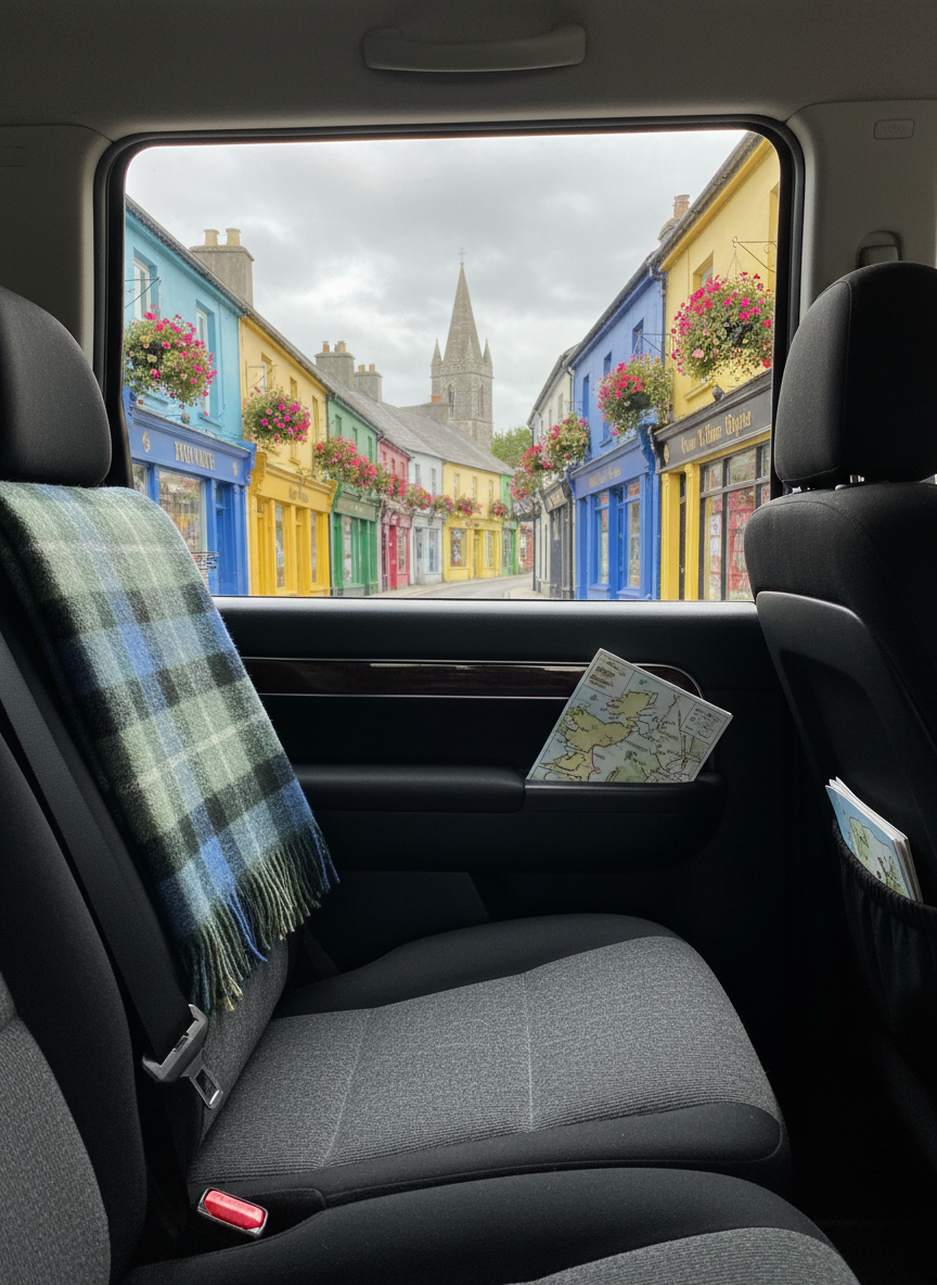 The interior of a spotless touring vehicle with plush charcoal seats, a subtle tartan throw neatly folded on the backrest, and a small illustrated map of Ireland tucked into the door pocket. Through the large side window, a postcard-perfect Irish village appears: colorful shopfronts, hanging flower baskets, and a church spire rising beyond slate rooftops. Soft overcast daylight creates an even, gentle illumination inside and out, with no harsh shadows, enhancing textures and materials. Captured from a wide, slightly forward-looking passenger seat perspective, the composition draws the eye from the cozy interior details to the charming streetscape, conveying comfort, personalization, and the playful excitement of exploring hidden gems with a private driver-guide.