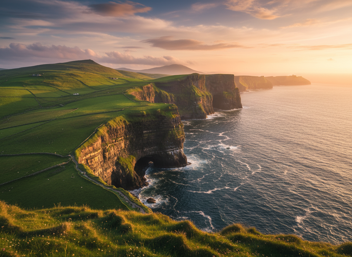 A warm, cinematic landscape photograph of the wild Irish coastline at golden hour — dramatic green cliffs meeting the Atlantic ocean, soft warm sunlight, rolling emerald hills, atmospheric and inviting.