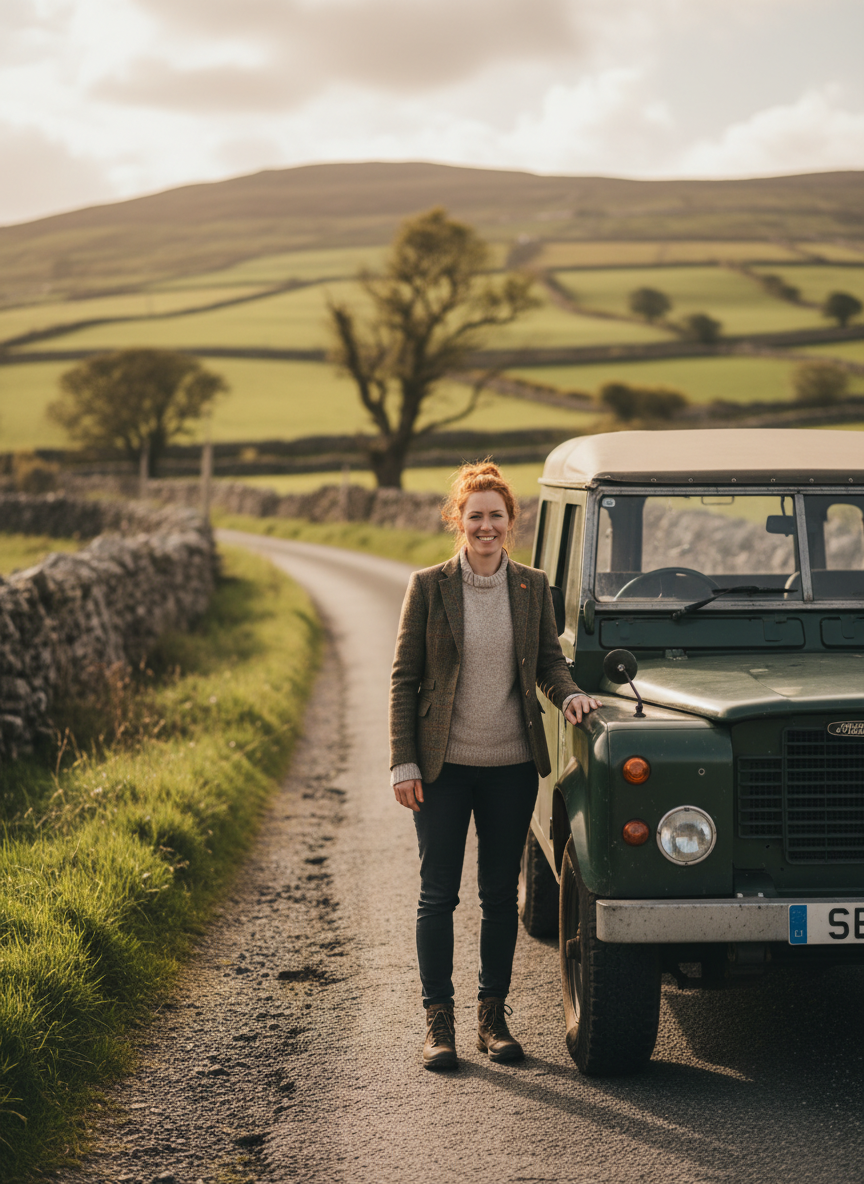 Siobhán Clifford, a friendly Irish tour driver guide, standing beside her car on a scenic rural road in Ireland.